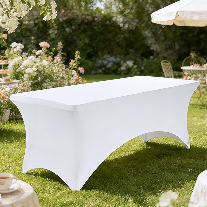 VidaFete Spandex Tablecloth 4FT, Fitted Stretch Table Cover for Rectangle Tables, Wrinkle Resistant and Washable Tablecloths for Outdoor, Picnic, Party, Wedding, Banquet, Birthday, White