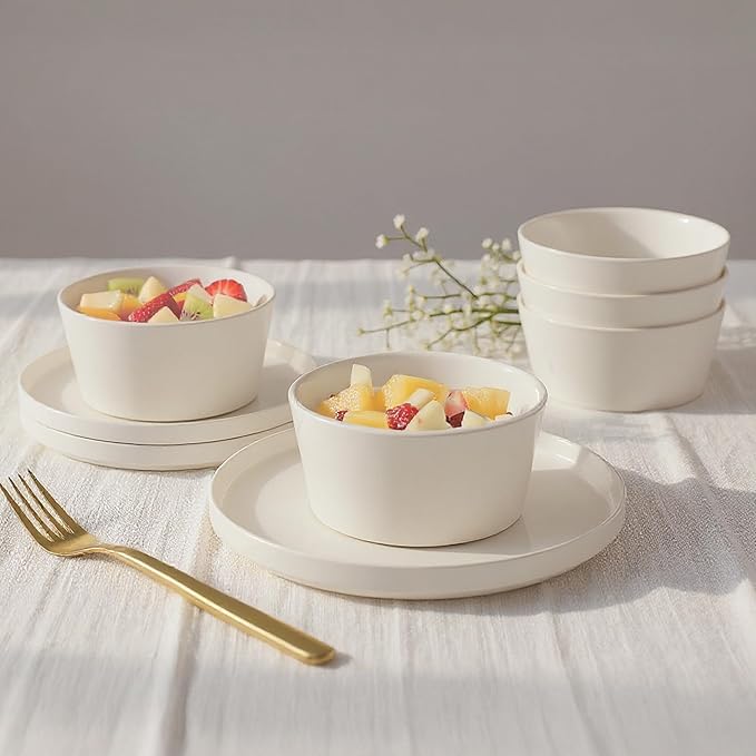 MIAMIO – Ceramic Dinner Plates Set for 4 People/Ceramic Dinnerware 4-Piece, Modern Stoneware, Dishwasher & Microwave Safe – Luxe Collection (White, 10 Inch)