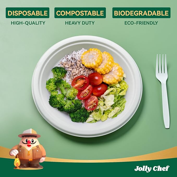 JOLLY CHEF Compostable Heavy Duty Plates 𝟳 𝗶𝗻𝗰𝗵 𝗮𝗻𝗱 𝟵 𝗶𝗻𝗰𝗵 [𝟭𝟮𝟬 𝗣𝗮𝗰𝗸] Eco-Friendly Disposable Paper Plates Bagasse Biodegradable Sugarcane for Party Hot Coold Food Christmas(White)