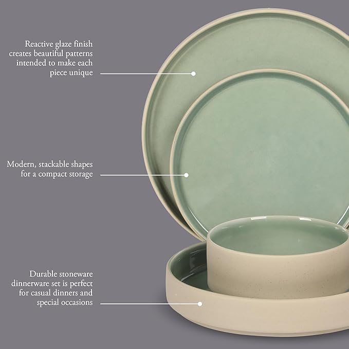Gibson Elite Liberty Bay 16-Piece Pottery Clay Stoneware Dinnerware Set – Mint Green Reactive Glaze, Stackable Plates and Bowls W/Pasta Bowl, Service for 4 – Microwave & Dishwasher Safe