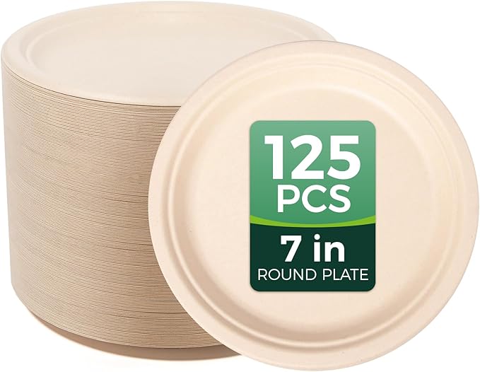 100% Compostable Plates - 125-Count Heavy Duty, Biodegradable Bagasse Plates - Eco Friendly and Sustainable (Natural, 7 inch)