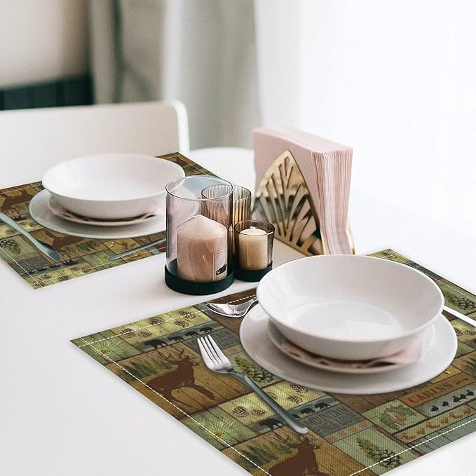 Rustic Bear Deer Placemats Wildlife Moose Forest Animal Cabin Lodge Lake Pine Heat-Resistant Linen Table Place Mats for Dining Kitchen Country Camp Style Farmhouse Decor 12x18 in 6 PCS