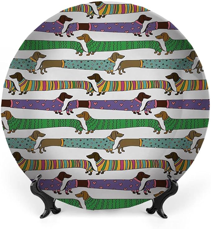 Decorative Plates, Dog Lover Print Ornament, Cartoon Style Dachshunds Dressed in Pyjamas Chevron, 7 Inch, 1 Plate with 1 Display Stand, Multicolor