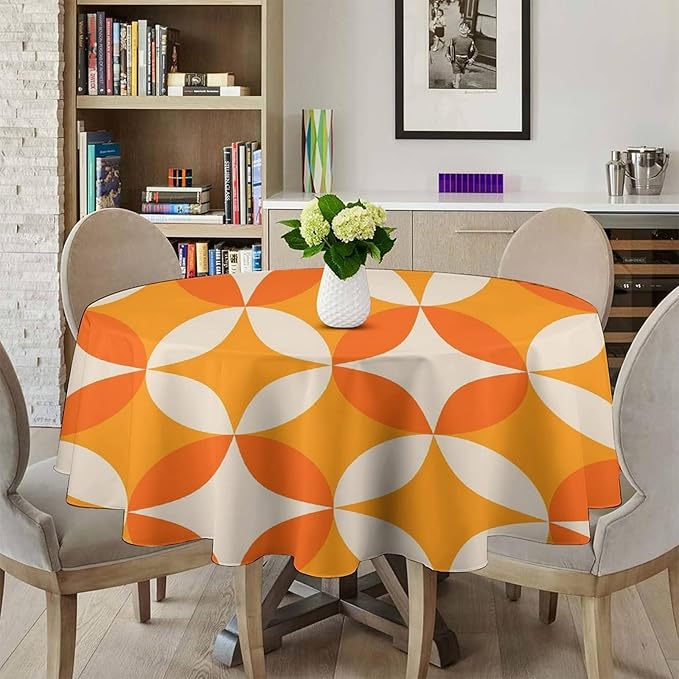 Retro Mid Century Round Tablecloth, Abstract Geometric Mid Century Colorful Pattern Print Tablecloth for Home Party Dining Room Kitchen Decor 60Inch(152cm)