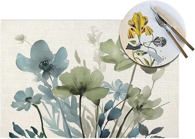 Spring Floral Placemats 12x18 Inches Set of 4,Watercolor Blue Green Flower Decorative Rectangle Summer Decor Floral Decoration Table Mats for Party, Home Kitchen,Dining Table Decoration