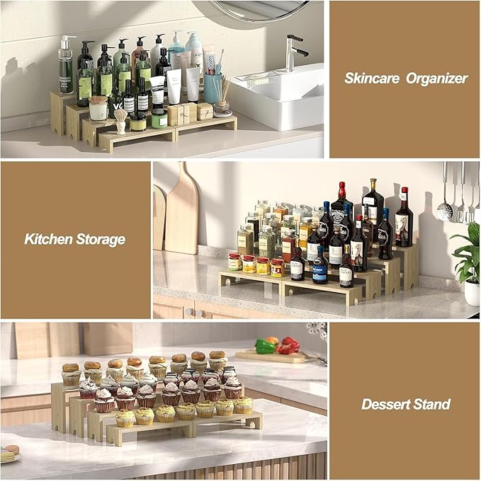 4 Set Large Wooden Tiered Riser Display Stands for Vendor Events,Stackable Perfume Organizer Cologne Stand for Men Women,Wooden Cupcake Dessert Stand,Wood Dessert Table Display Set,Food Display Risers for Party（12-11.2-10.4-9.6IN）