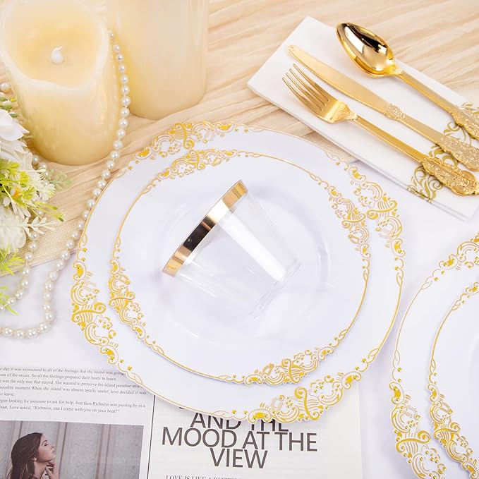 Hioasis 350pcs White and Gold Plates - White Party Plates for 50 Guest, Include 100 Heavy-duty Plates(20% Thicker Than Standard), 150 Cutlery Set, 50 Napkin, 50 Cups