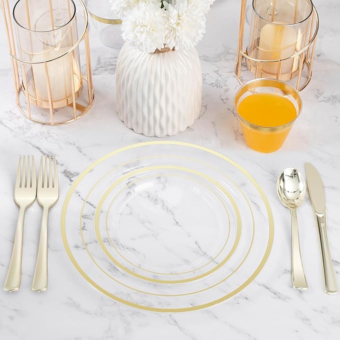 BESTVIP 600PCS Clear Gold Plastic Plate Set (100 Guests), Plastic Plates for Party Wedding Birthday, Disposable Dinnerware Set of 200 Plates, 200 Forks, 100 Spoons, 100 Knives for Christmas