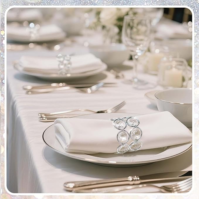 Crystal Metal Napkin Rings Set, Elegant Wedding/Party Table Decor, Shiny Holiday Dinner Accessories Bulk, Bridal Shower Gift, Anniversary, Christmas, Home Decor Essentials (Silver, 6-Pcs)