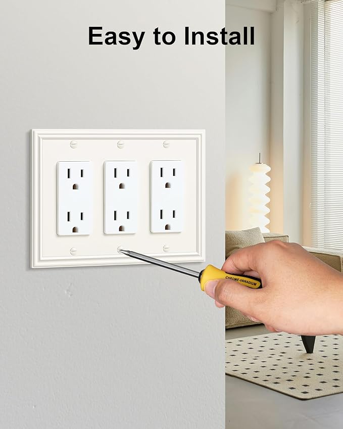 2-Pack Tripple Decorator Outlet Cover Plate, Durable Zinc Alloy 3 Gang Wall Plate, Light Almond Decorative Switch Plates and Outlet Covers, Corrosion Resistant