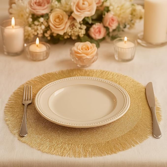FAVE Set of 12 Round Gold Vinyl Placemats, Luxury Spiral Pattern for Formal Events, Restaurant, Parties, Birthdays (15 Inch,12PCS)