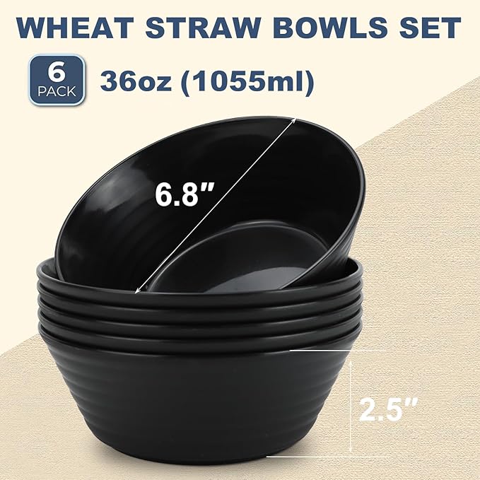 Wrova Wheat Straw Bowl Sets,6 PCS Unbreakable Cereal Bowl 36 OZ,Microwave and Dishwasher Safe Bowls,Soup Bowl Sets BPA Free Apartment Bowl for Serving Cereal,Oatmeal and Salad (Black)