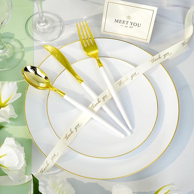 100 PCS Gold and White Plastic Plates, 10 inch White Disposable Plates for Party, Plastic Dinner Plates for Party, Graduation, Birthday, Wedding