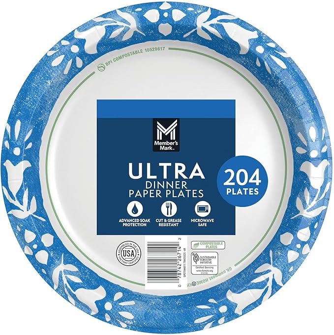MMember's Mark Ultra Dinner Paper Plates, Blue Floral Pattern, 10 1/16 Inch, Compostable, Cut & Grease Resistant, Microwave Safe, 204 Count
