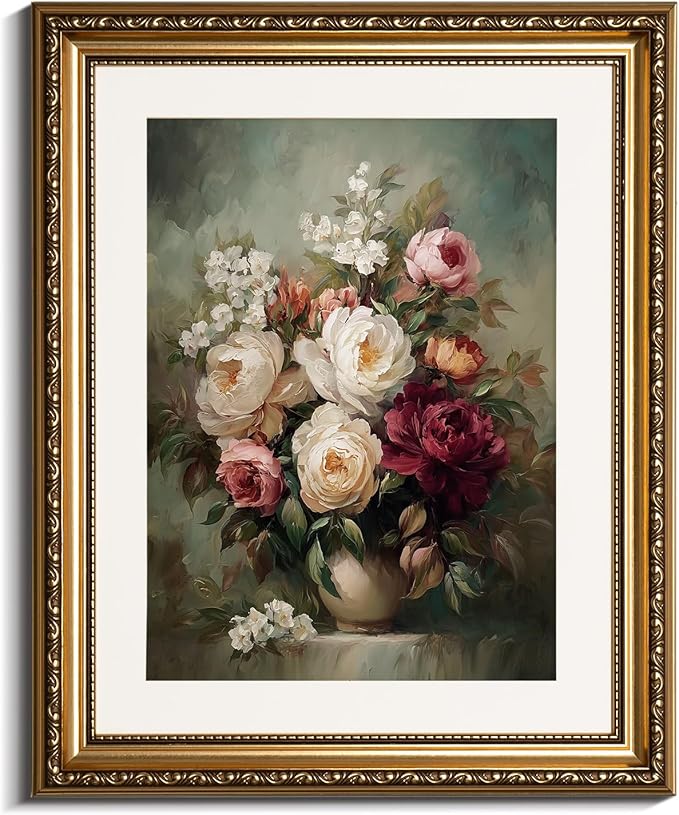 InSimSea Gold Picture Framed Wall Art, Living Room Vintage Moody Flower in Vase Wall Decor, Still Life Floral Canvas Print Art, Home Farmhouse Decor, Antique Paintings with Frame 13x16inch