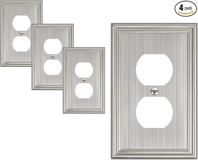 4-Pack Duplex Outlet Cover, Durable Solid Zinc Alloy Decorative Switch Plates and Outlet Covers, Brushed Nickel Wall Plates for Electrical Outlet, 1 Gang Receptacle Cover, Corrosion Resistant