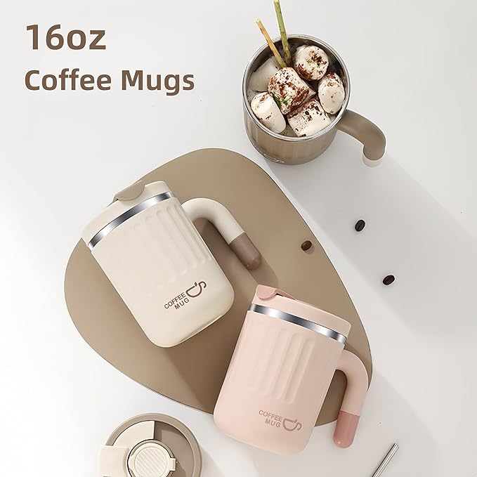 16oz Insulated Coffee Mugs - Ideal for Indoor Office Use. Features SUS 304 Inner, Double Wall Insulation, Detachable Silicone Ring. 3 Drinking Options. Available in White, Brown, Pink (Pink)