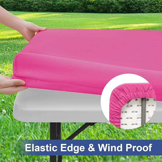 homing 2 Pack Rectangle Table Cloth, Elastic Fitted Fabric Tablecloth Fits for 4 Foot Folding Tables, Washable Table Cover for Picnic, Camping, Indoor & Outdoor (Rose Pink, 24" x 48")