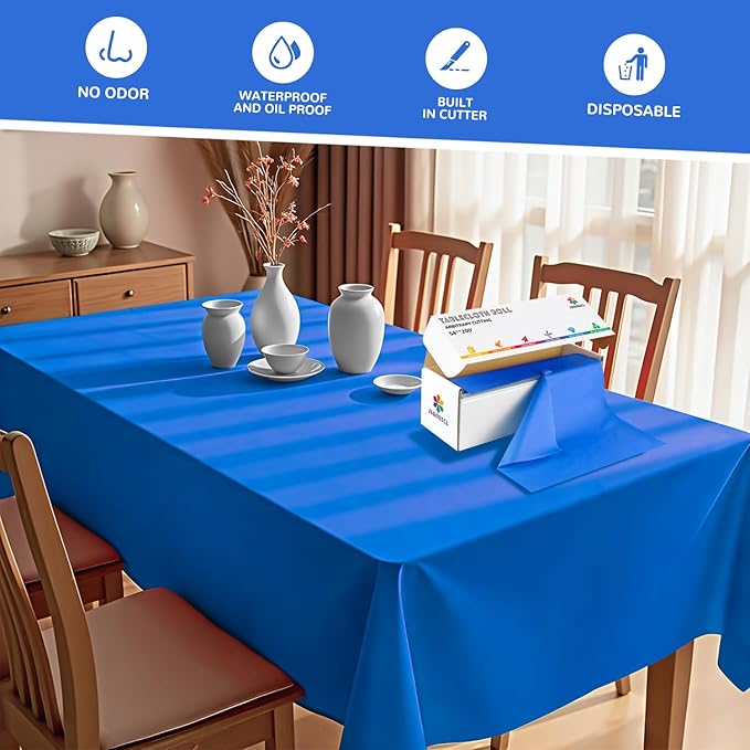 54 Inch X 200 Feet Plastic Table Cover Roll with Convenient Slide Cutter, Disposable Plastic Table Cloth Roll with Cut-to-Size Design for Weddings, Banquets, Parties (Blue)