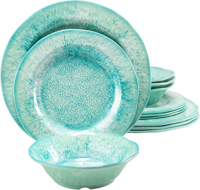 12 Pcs Melamine Dinnerware Sets, Durable Dishware Melamine Dinner Plates for Indoor and Outdoor, Aqua Plates and Bowls Sets, Dishwasher Safe Shatter Proof Chip Resistant Not Microware Not Oven(Green）