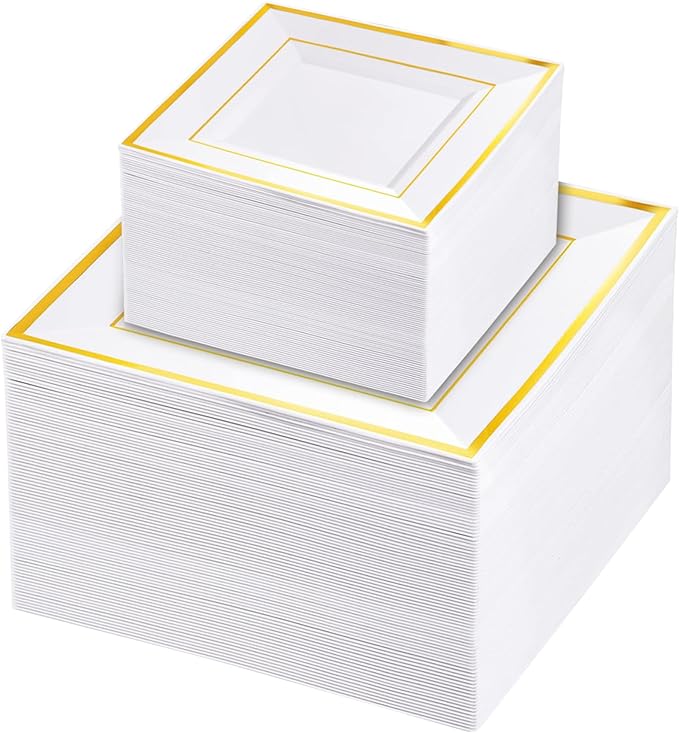 Liacere 100PCS White and Gold Square Plastic Plates-50PCS Heavy Duty 9.5inch White Dinner Plates and 50PCS 6inch White Dessert Plates - Gold Plastic Plates for Party & Christmas & New Year