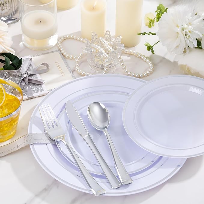 WELLIFE 600 PCS Silver Disposable Dinnerware Set for 100 Guests, Wedding Reception Plates & Silver Plastic Tableware, Dinner & Salad Plates, Cups, Forks, Knives & Spoons for Weddings & Elegant Events