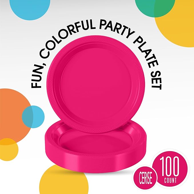 Cerise Plastic Plates For Party 7" Cerise Disposable Plates Heavy Duty 100 Pcs Plastic Dinnerware Sets Heavy Duty 350 GSM Disposable Dinnerware Set