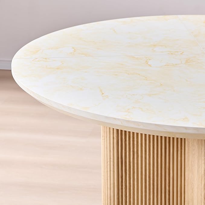 T4TREAM 47" Fluted Round Dining Table for 4-6, Mid-Century Modern Kitchen Table with Thickened Edge & Sturdy Pedestal Base for Kitchen Living Room,Marble & Natural Oak(Table Only)