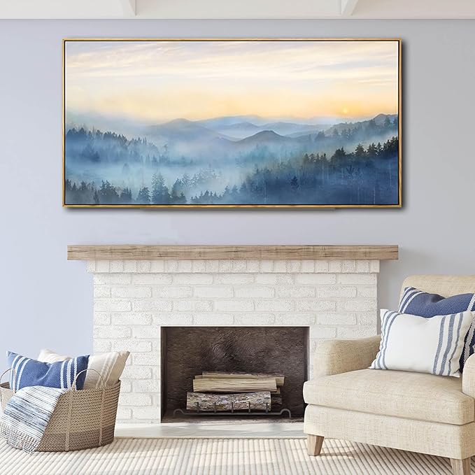 Home Decor Mountain Wall Art Blue Large Framed Artwork for Living Room Bedroom Office Wall Decorations 29x58 Inch