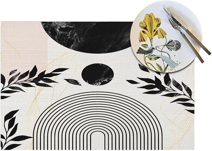 Boho Mid Century Leaf Placemats,Arch Sun Design,Minimalistic Leaves Pattern Luxurious Washable Place Mats 12x18Inch for Dining Kitchen Farmhouse Decor 6 PCS