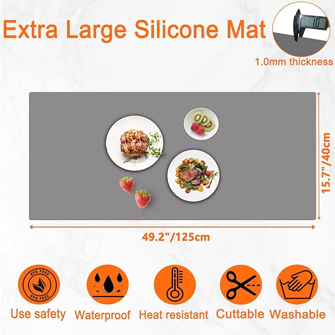 49.2''x15.7''(125cmx40cm) Extra Large Silicone Mat, Silicone Mats for Kitchen Countertop, Heat Resistant Mat Kitchen Island Countertop Protector, Waterproof Kitchen Counter Mats, Semitransparent