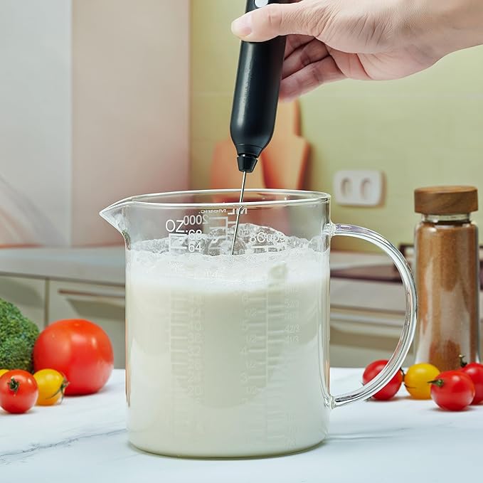 Borosilicate Glass Measuring Cup with Insulated Handle, V-Shaped Spout, Clear, 2000ml/64oz Capacity, Etched Graduation, Easy to Read