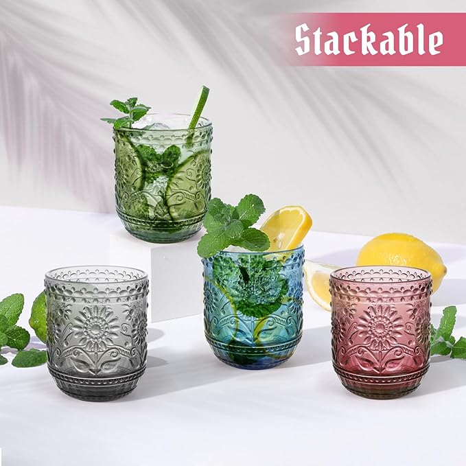 Topsky Vintage Drinking Glass Set of 4,12 oz Embossed Floral Drinkware Set,Colorful Drinking Glasses Cups Wine Glasses Colored Glassware for Whisky,Beer,Juice,Cocktail,Heavy Duty