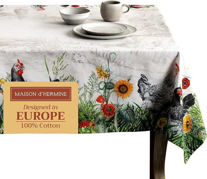 Maison d' Hermine Table Cloth Rectangle Table 100% Cotton 70 x 108 Inches Tablecloth Reusable Decorative for Dining Room Farmhouse Home Valentines Day Decorations Spring Summer - Basse Cour