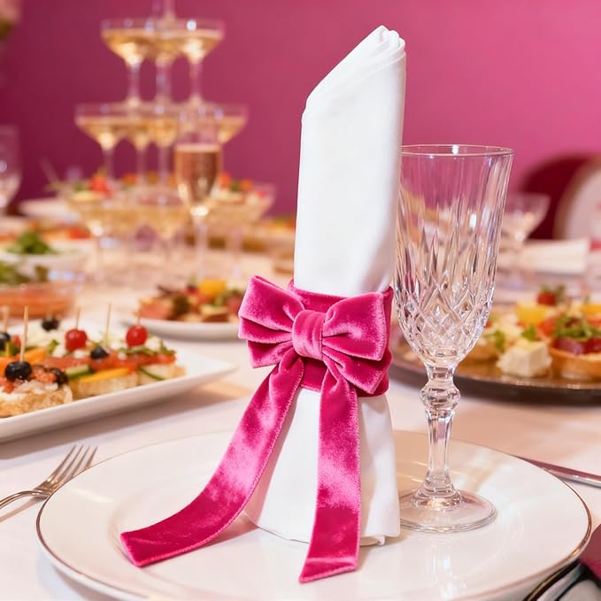 Bow Napkin Rings Set of 6 Luxury Soft Hot Pink Velvet Napkin Holders, Elegant Bow Design for Christmas Holiday Dinner Wedding Party Table Decor