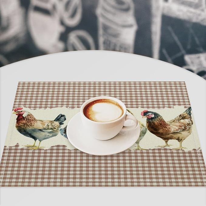 Rustic Rooster Placemat Set, Vintage Boho Farmhouse Colorful Watertcolor Chicken Pink Plaid Pattern Home Decor Table Mats for Dining Room Kitchen Party (17x12in) x4P
