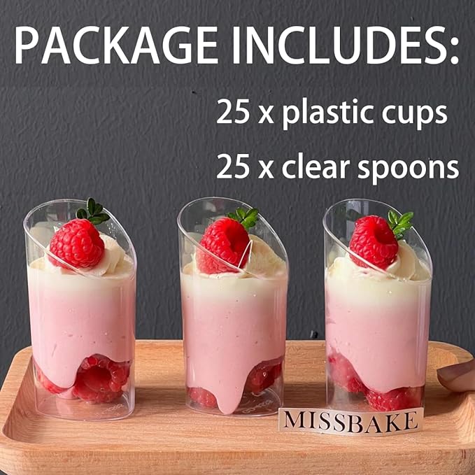 25 Pack Plastic Dessert Cups with Spoons, 3 oz Clear Mini Parfait Appetizer Cups, Reusable Slanted Triangle Shooter Serving bowls for Tasting, Small Dessert Shot Glasses