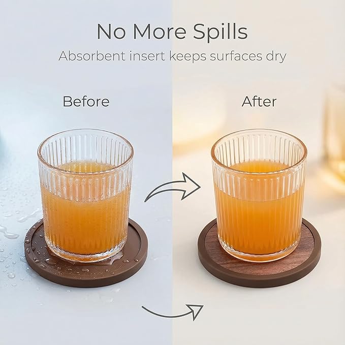 Absorbent Coasters for Drinks with Holder - 6packs, Silicone Coaster with Soft Felt Insert (4.3 inch Coasters with 4.5 inch Holder, Wooden Style)