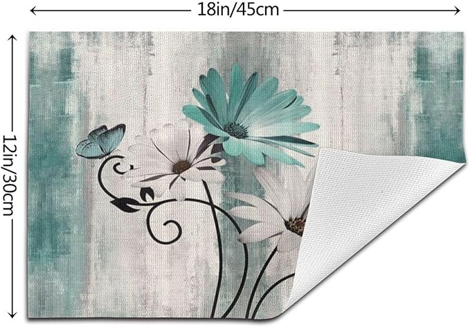 Floral Placemats 12x18 Inches Set of 4, Teal Blue Daisy Floral Decorative Modern Placemats Rectangle Linen Table Mats for Party, Home Kitchen,Dining Table Decoration