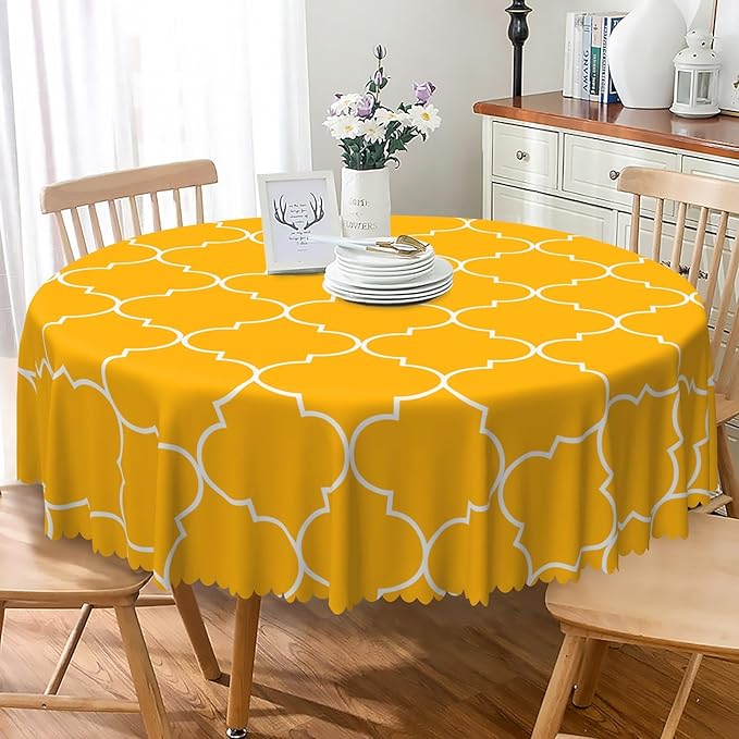 Laeacco 70 Inch Morocco Round Tablecloth Orange Geometric Lattice Modern Abstract Art Print Table Cloth Washable Waterproof Wrinkle Free Table Cover for Kitchen Dining Picnic Party Decoration