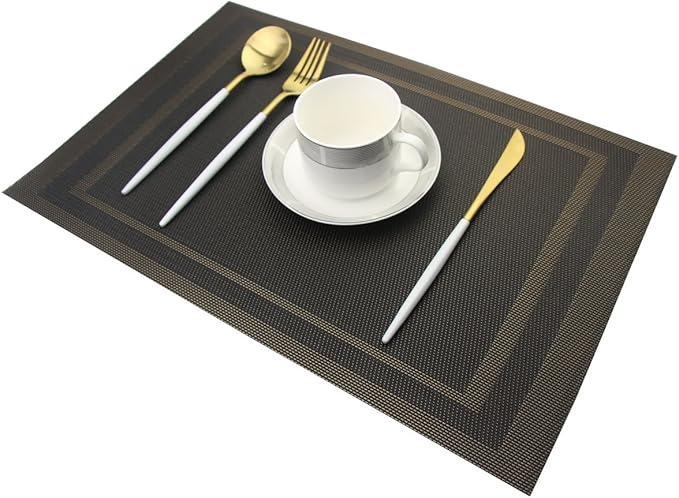 Placemats for Kitchen Woven Vinyl Table Placemat Heat-resistand Table Plastic Mats Set of 4 (Gold+Black)
