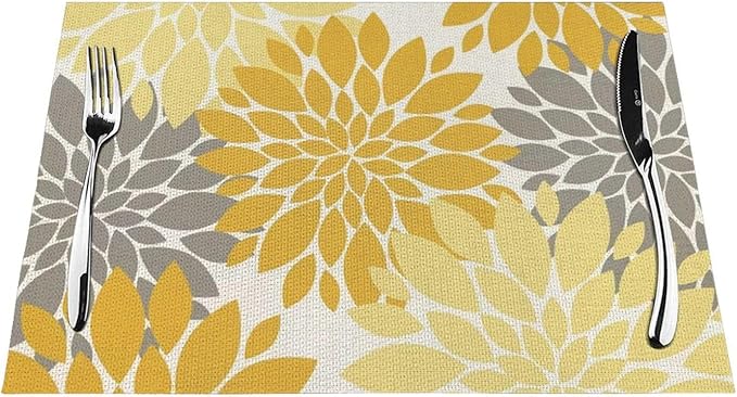 Boho Placemats 12x18 Inches Set of 4, Yellow Gray Dahlia Floral Decorative Place mats Fall Rectangle Flower Table Mats for Party Home Kitchen Dining Table Decor