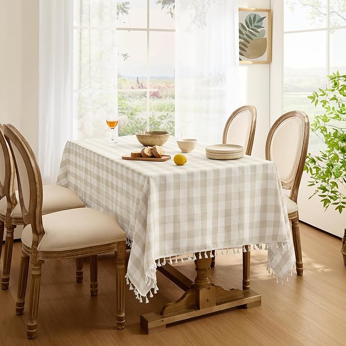 Softalker Checkered Tablecloth Rectangle, Outdoor Linen Cotton Gingham Table Cloth with Tassel, Heavy Duty Wrinkle Free Buffalo Plaid Table Cover for Kitchen Dining Home Party - 55 x 84 Inch, Beige