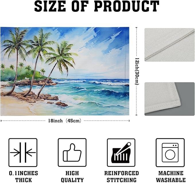 Beach Placemats Set of 4 - Palm Tree Place Mat 12x18 Inch Summer Sea Coastal Table Mat for Party Kitchen Dining Home Holiday Party Decor