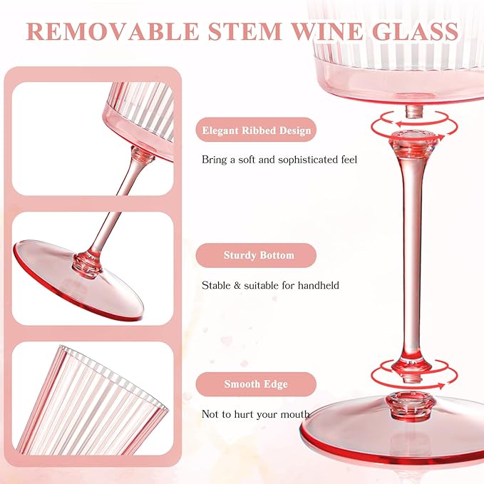12 PCS Pink Plastic Wine Glasses with Removable Stems 13.5 Oz Pink Ribbed Wine Glasses Square White Wine Glass Muted Pastel Colors Goblets Elegant Fluted Glassware for Wedding Anniversary Birthday