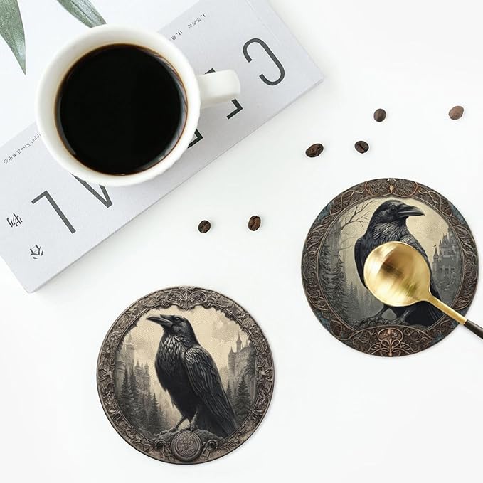 Raven Coasters for Drinks with Holder Round Leather Coasters Set of 6 Cups Mugs Mat Pad for Home Kitchen Bar