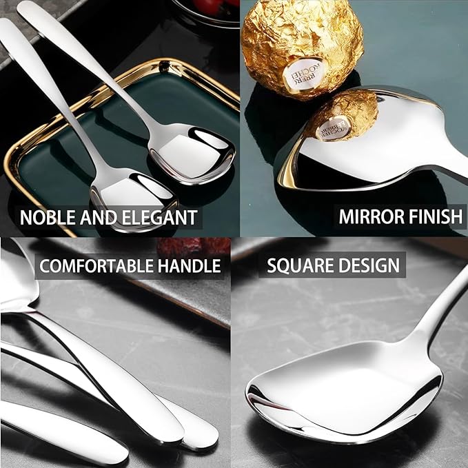 Square Head Soup Spoons, Korean Style Thick Heavy Square Dessert Spoon,Long Handled Stainless Steel Soup Spoons Table Spoons Flat Spoon,Set of 8,7 Inches.