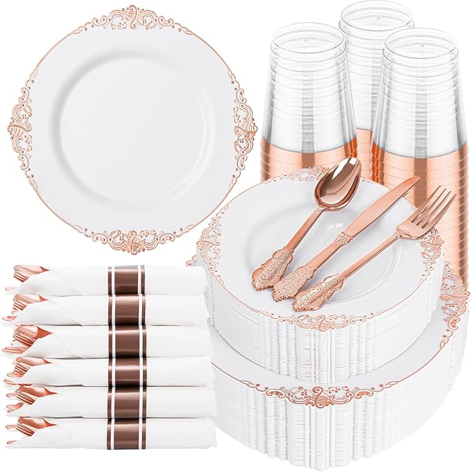 Hioasis 350pcs Rose Gold Plastic Plates - Elegant Disposable Dinnerware Set Suitable for 50 Guests Include 10.25" Dinner & 7.5" Dessert Plates, Pre Rolled Silverware Set, Cups for Party & Thanksgiving