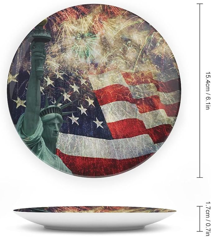 Ceramic Plates, American Flag Decorative Ceramic Plates, Fireworks 4th of July, 8 Inch, for Dining, Parties, Wedding, Multicolor