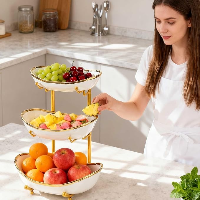 jessie 3 Tier Fruit Bowls for Kitchen Counter,Ceramic Large Fruit Basket Stand,Metal Fruit Serving Tray Snacks Nuts Cake Storage Holder (Gold 1)